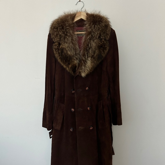 Vintage Long Brown Suede Fur collar Trench Coat - Picture 1 of 6